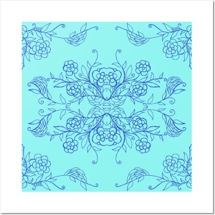 Blue ornamental Flower Pattern Posters and Art